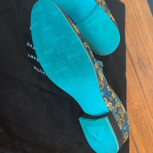 John Fluevog Teal and Gold Floral Mary Jane Flats - Picture 8 of 9